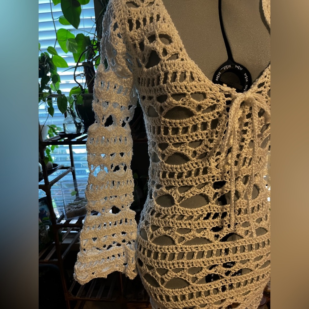 White Crochet bell sleeve mini Dress